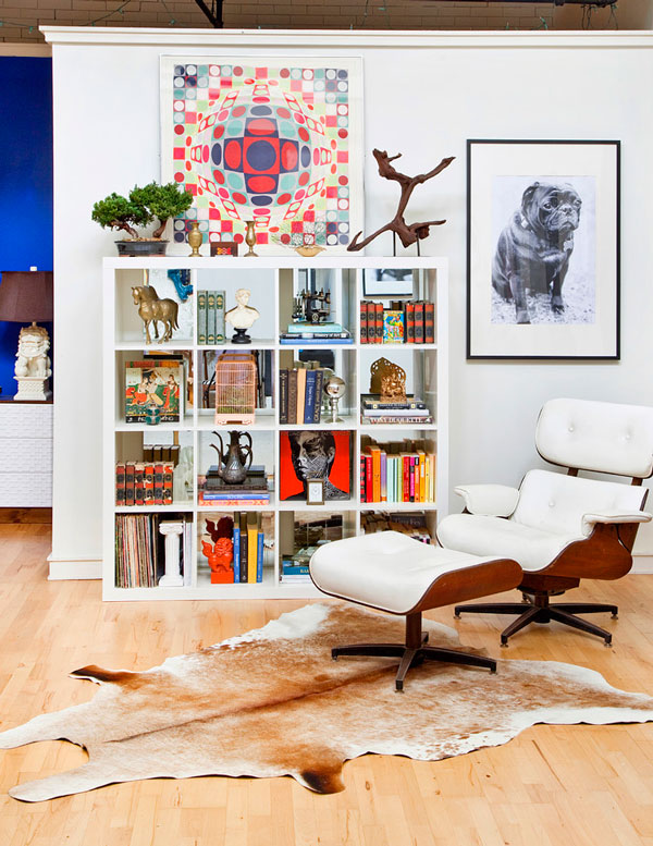 eames-lounge-chair-knock-off-Living-Room-Eclectic-with-Art-bookcase-bookshelves-cowhide